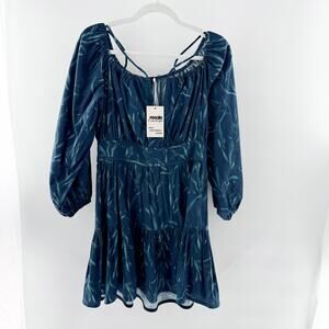 Especia Off Shoulder Puff Sleeve Babydoll Mini Dress Green Blue Women's Medium